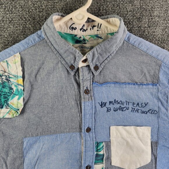 Desigual Regular XL Blue White Colorblock Floral Long Sleeve Button Up Shirt Reg - Picture 3 of 16